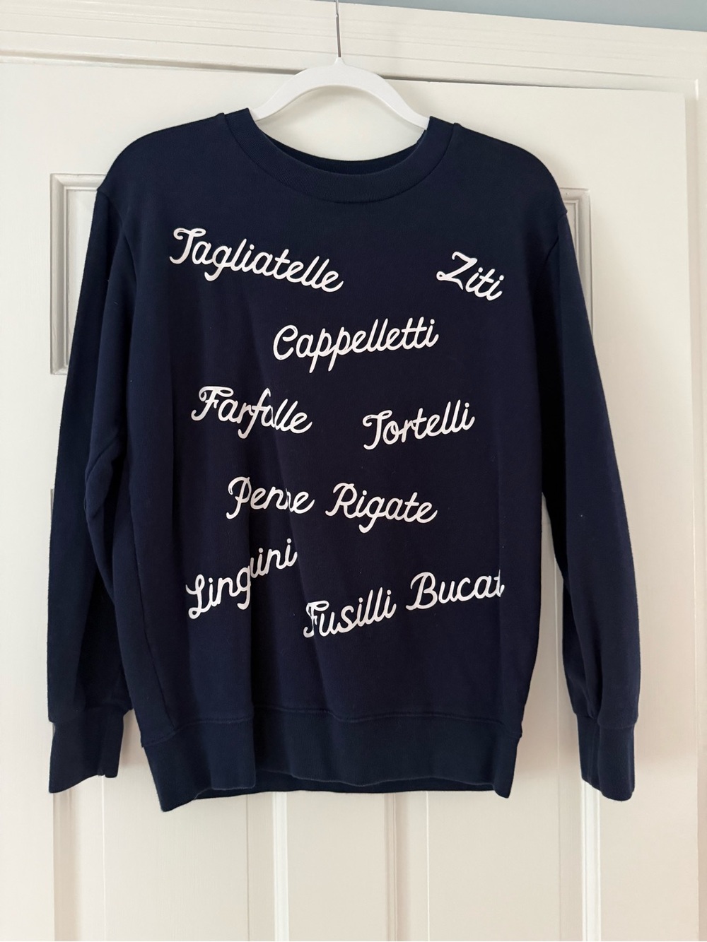 J. Crew Navy Crewneck Sweater with White Script Pasta Names